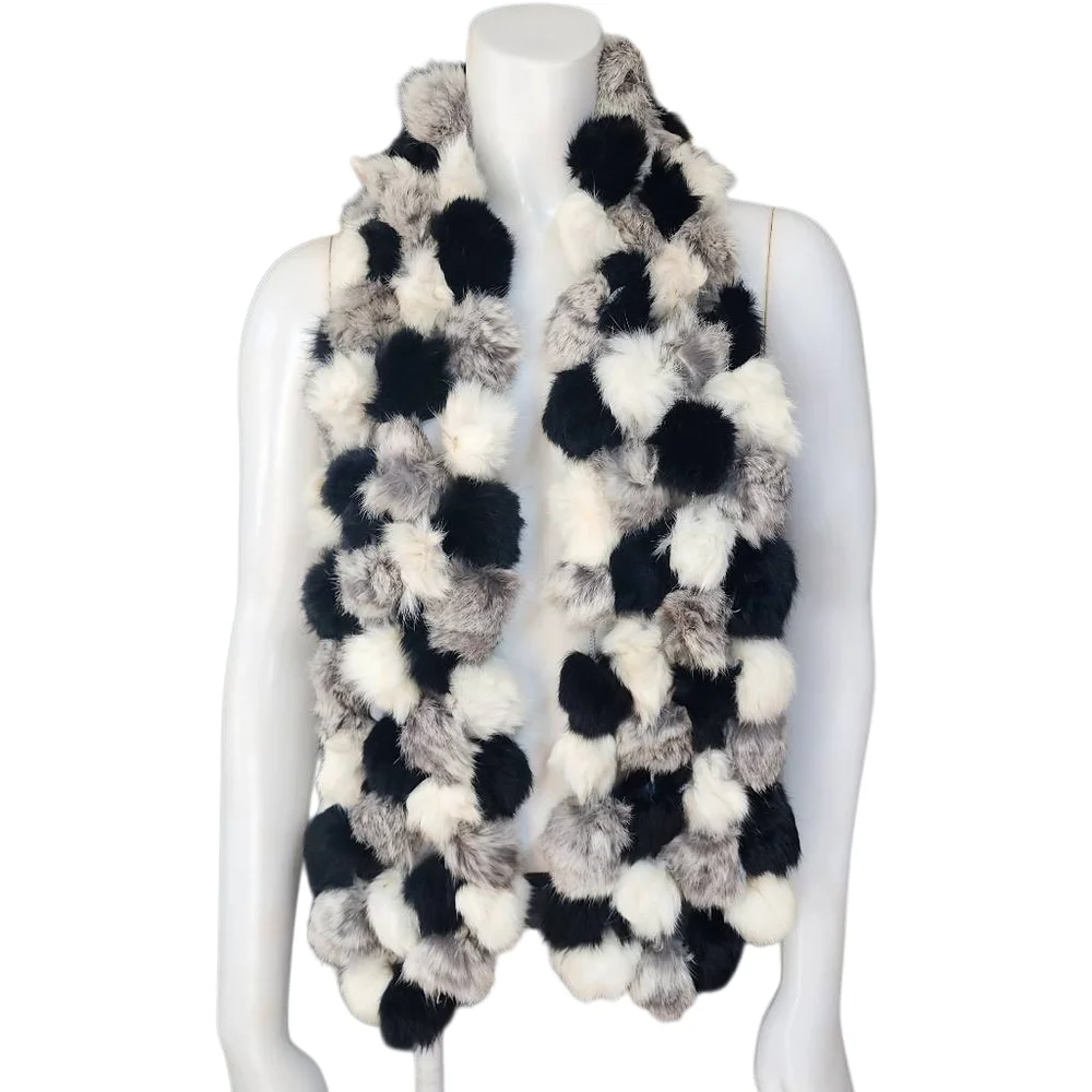 Genuine Rabbit Fur Black, Gray, & White Pom Pom Scarf - Picture 2 of 4